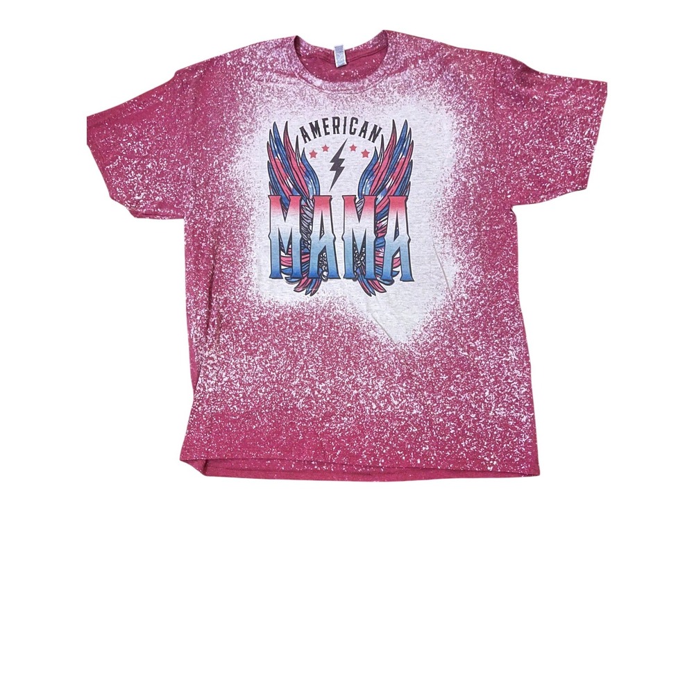 American Mama Graphic T-Shirt Pink Bleached Distressed Patriotic Tee Womens